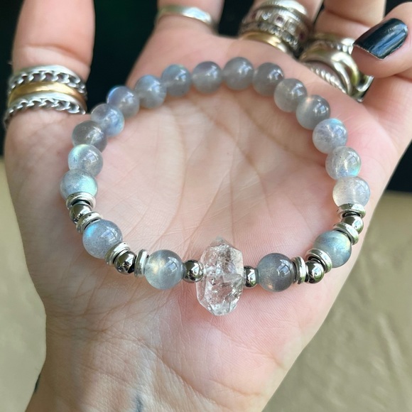 Herkimer diamond iridescent labradorite boho bead crystal quartz gems bracelet - Picture 13 of 16